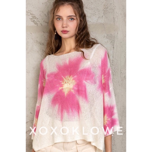 LAST ONE POL Pink Floral Print Wide Neck Lightweight Sweater Oversized - Picture 5 of 16